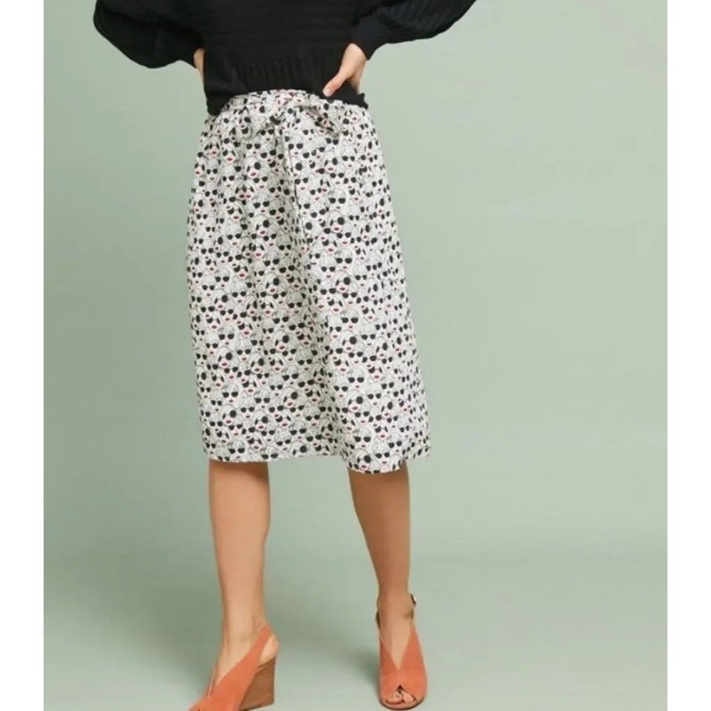 Anthropologie Porridge Getaway Printed Face Midi Skirt,Black White Red,XS(New)